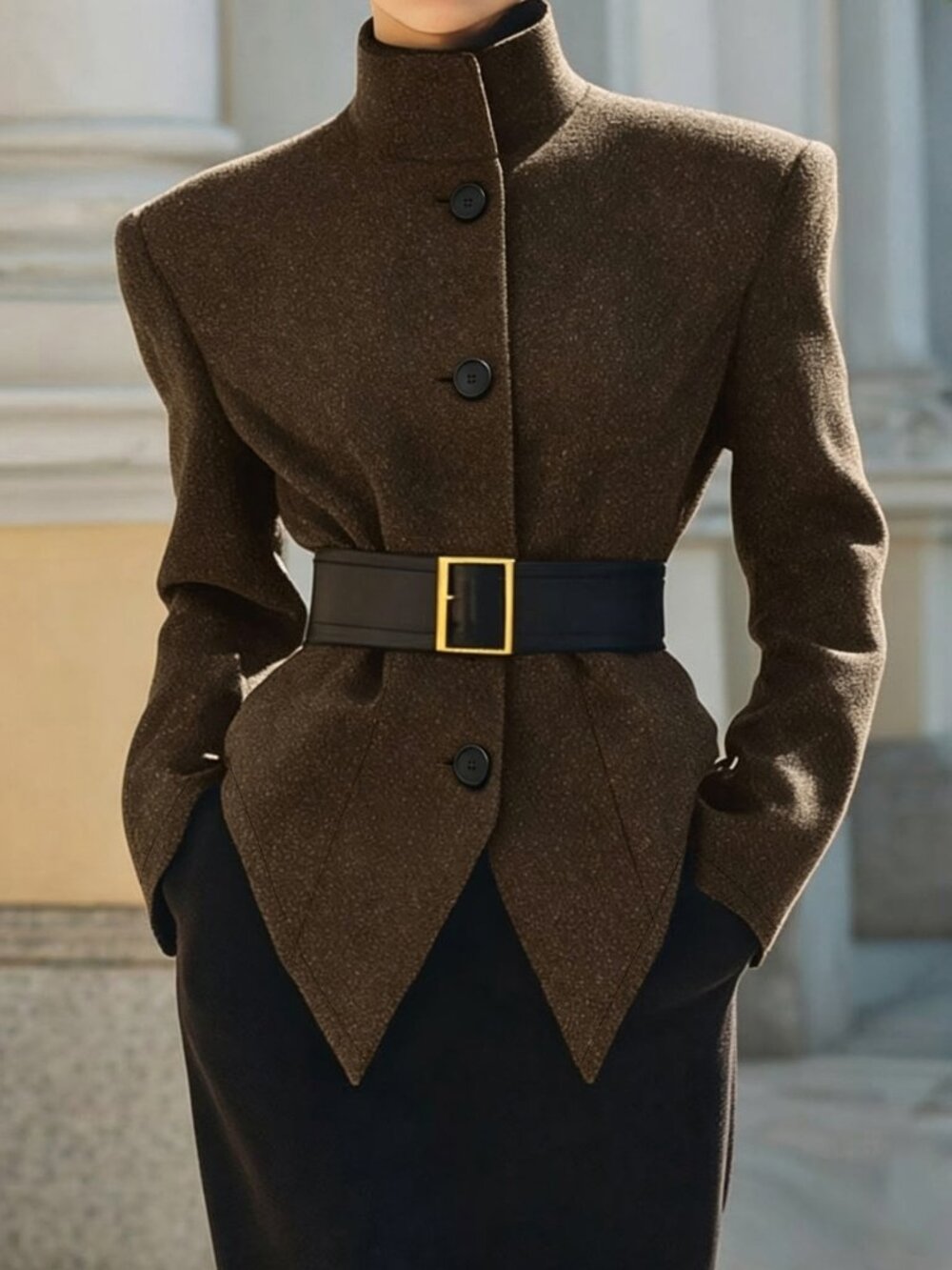 Brown Elegant Women's Regular Fit Stand Collar Button Front Belted Overcoat